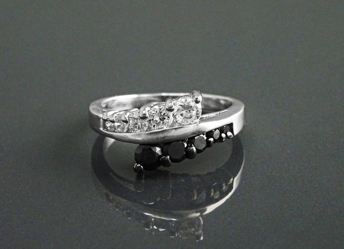 Sterling Silver Cross Ring, Black White CZ Stones, Bi-color Bypass Cocktail Ring