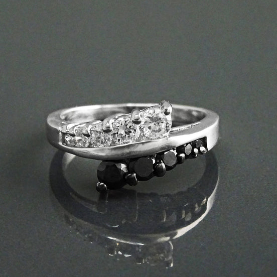 Sterling Silver Cross Ring, Black White CZ Stones, Bi-color Bypass Cocktail Ring