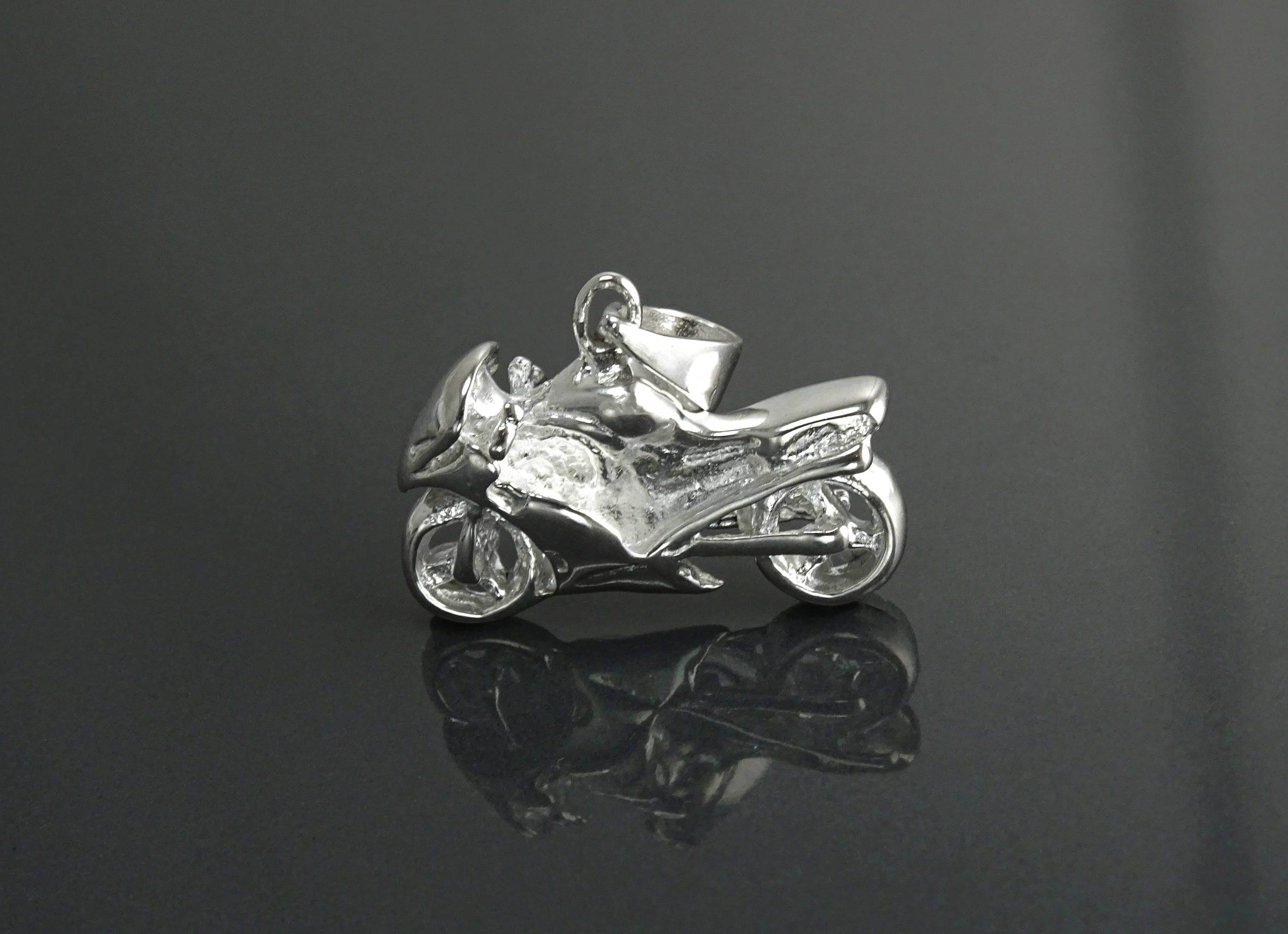 Sterling Silver Motorcycle Pendant, Modern Biker Necklace Charm