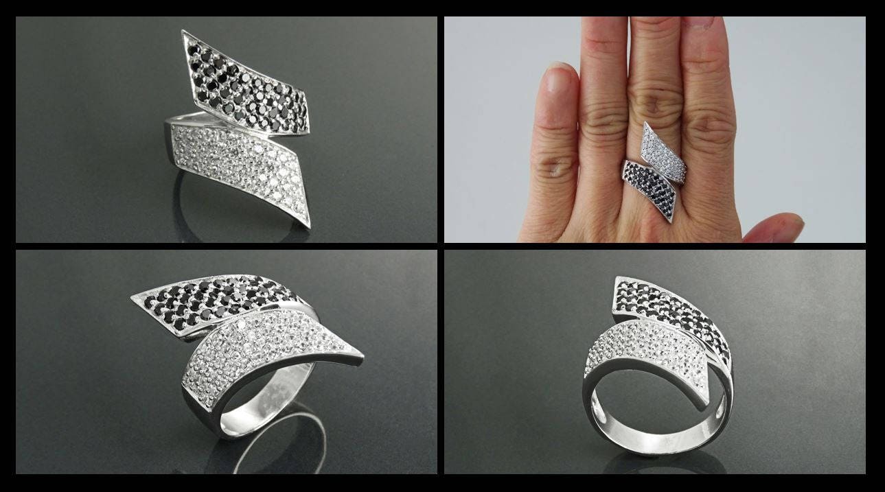 Sterling Silver Bypass Ring, Black White CZ Stones, Statement Cocktail Band