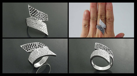 Sterling Silver Bypass Ring, Black White CZ Stones, Statement Cocktail Band