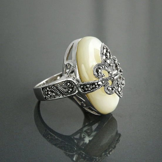 Sterling Silver Fleur de Lys Ring, Marcasite Mother of Pearl, French Vintage Jewelry
