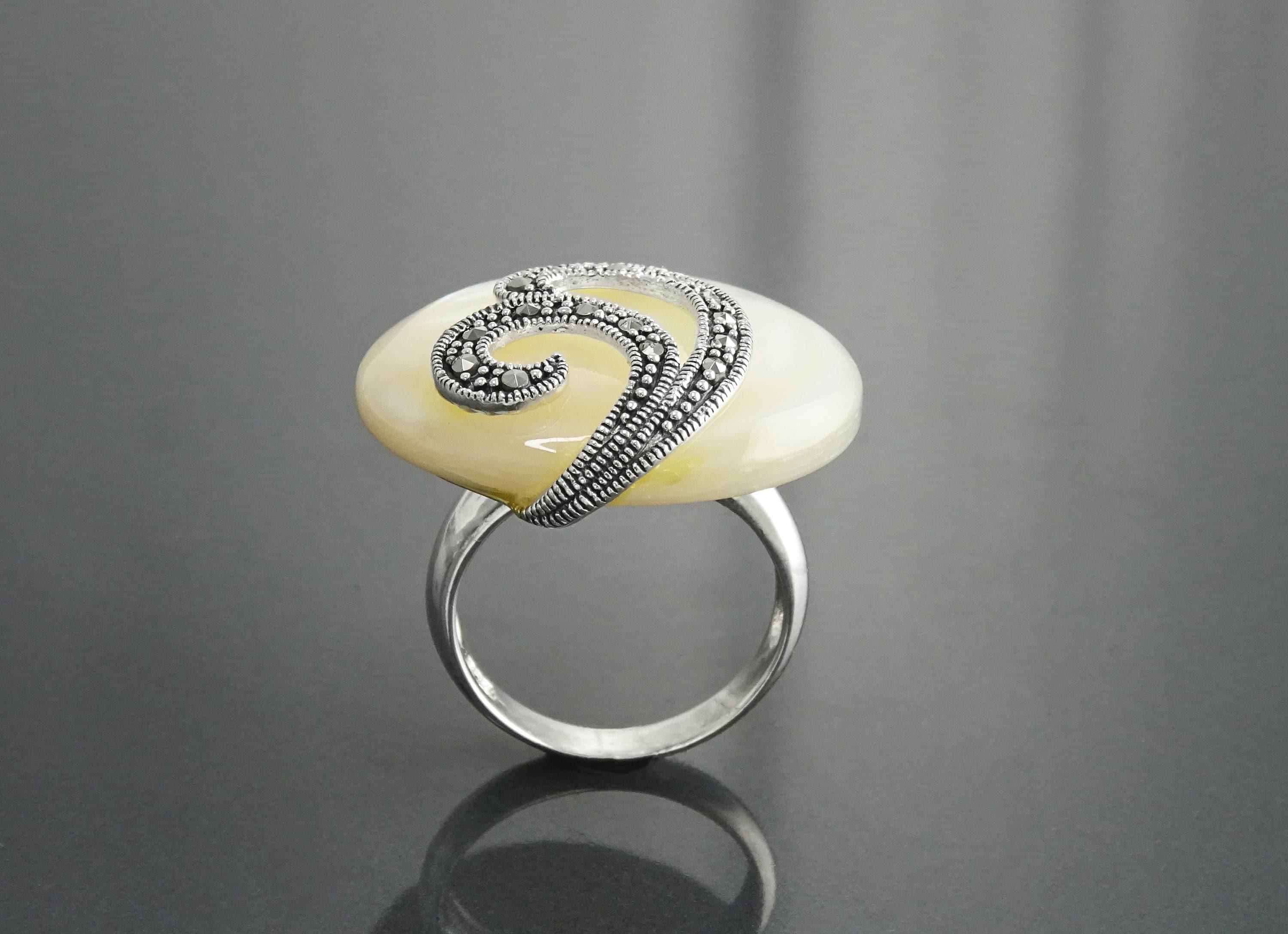 Art Deco Marcasite Ring, Sterling Silver, Mother of Pearl, Retro Inspired Jewelry