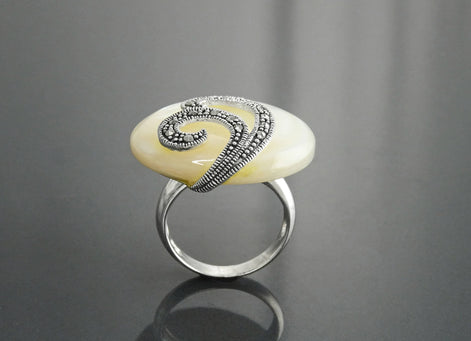 Art Deco Marcasite Ring, Sterling Silver, Mother of Pearl, Retro Inspired Jewelry