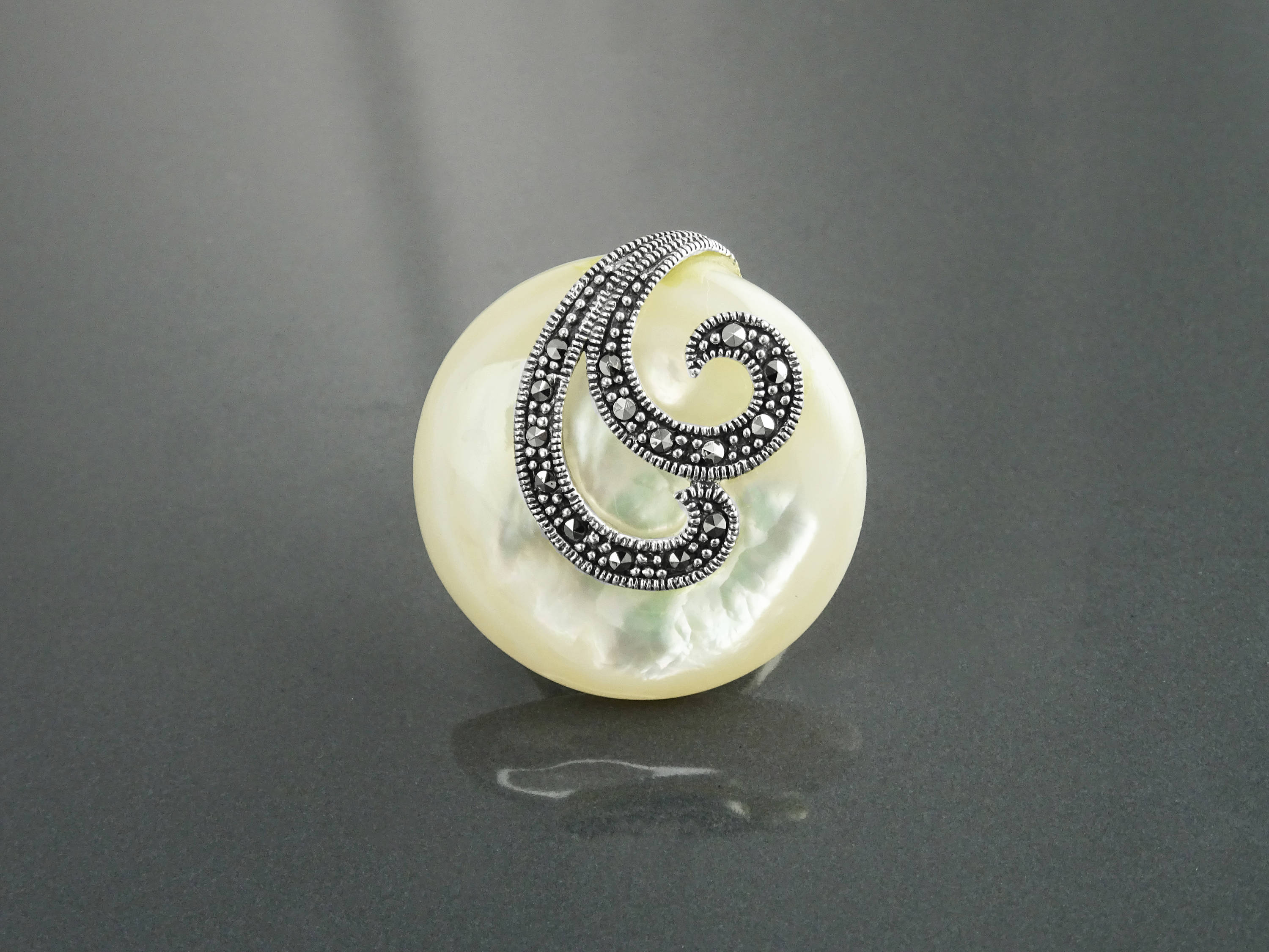 Art Deco Marcasite Ring, Sterling Silver, Mother of Pearl, Retro Inspired Jewelry