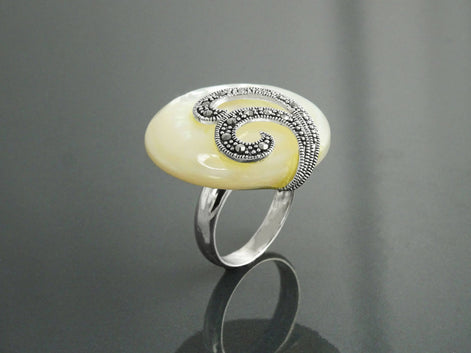Art Deco Marcasite Ring, Sterling Silver, Mother of Pearl, Retro Inspired Jewelry