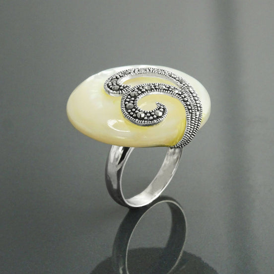 Art Deco Marcasite Ring, Sterling Silver, Mother of Pearl, Retro Inspired Jewelry