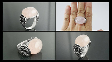 925 Rose Quartz Silver Ring, Sterling Silver jewelry, a Flower motif on each side, Genuine Stone Cabochon, Small Size