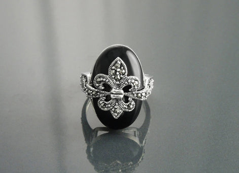 Fleur de Lys Ring, Silver 925, Marcasite Ring, Real Black Onyx, French Vintage Jewelry, Lis Petals Symbol of Purity, Innocence and Virginity