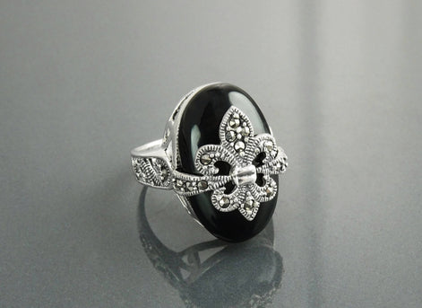 Fleur de Lys Ring, Silver 925, Marcasite Ring, Real Black Onyx, French Vintage Jewelry, Lis Petals Symbol of Purity, Innocence and Virginity