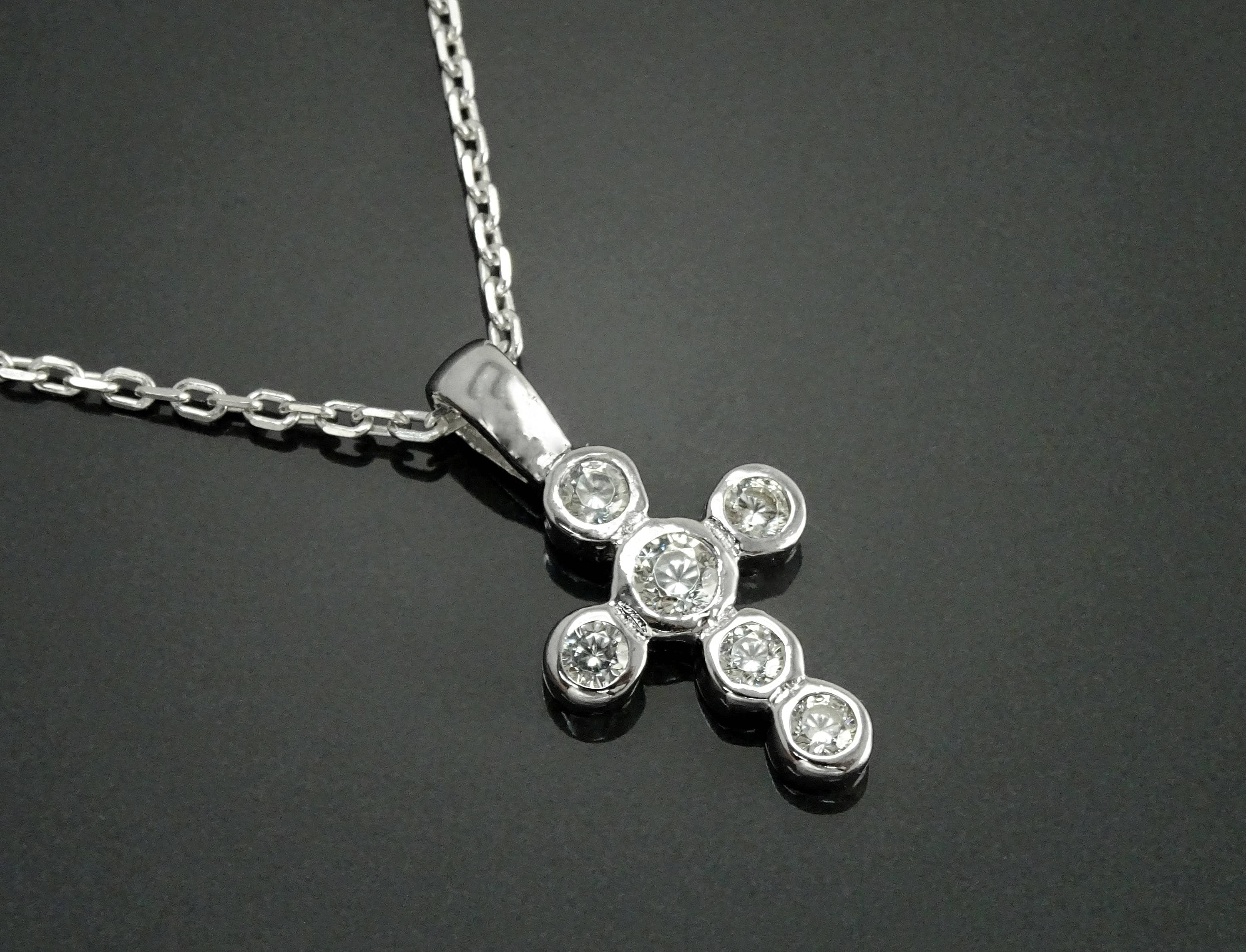 Sterling Silver Cross Necklace, Clear CZ Stones, Small Religious Pendant