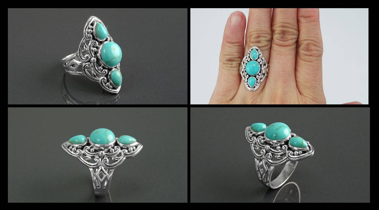 Sterling Silver Triple Turquoise Stone Ring, Ethnic Boho Chic Statement Jewelry