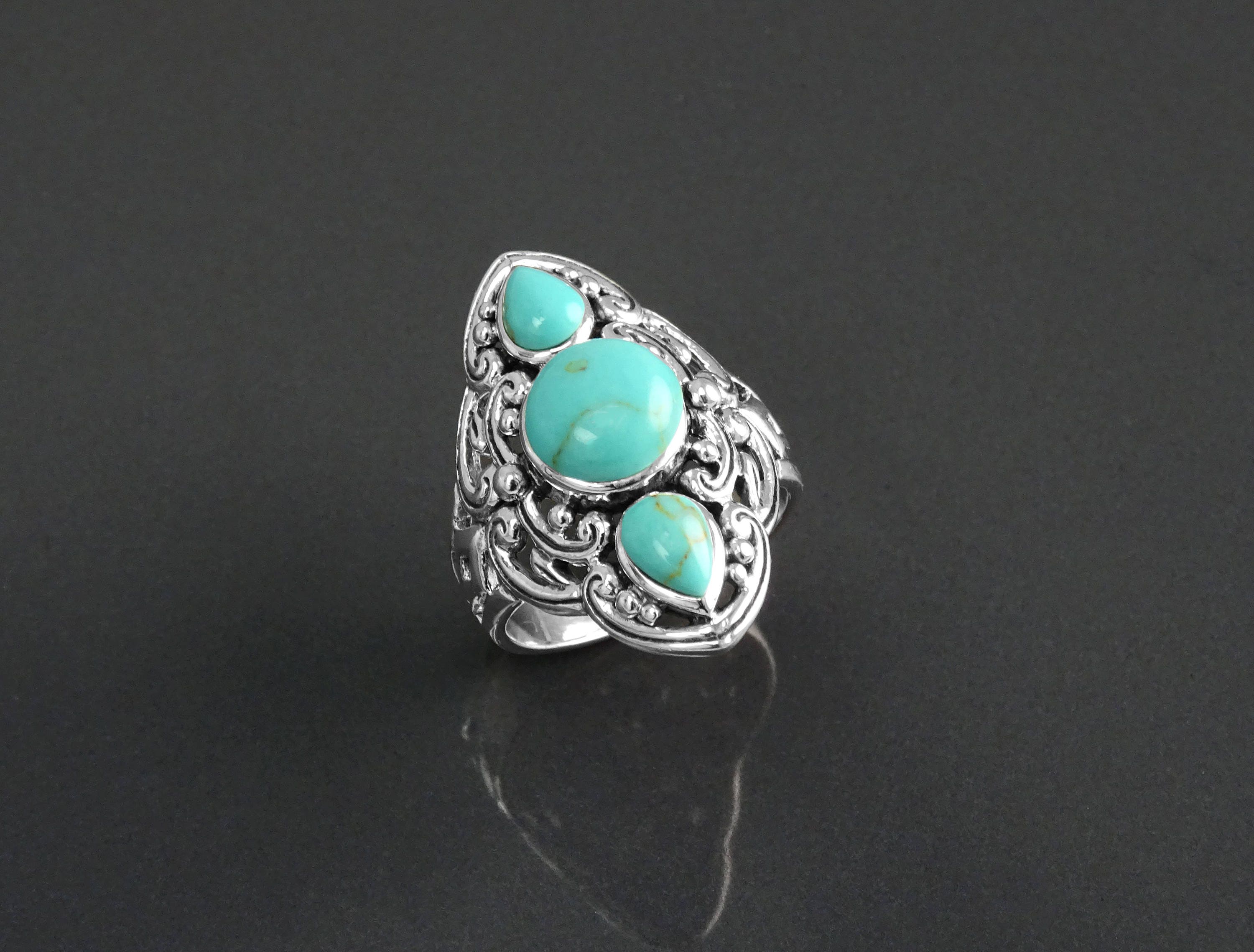 Sterling Silver Triple Turquoise Stone Ring, Ethnic Boho Chic Statement Jewelry