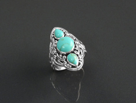 Sterling Silver Triple Turquoise Stone Ring, Ethnic Boho Chic Statement Jewelry