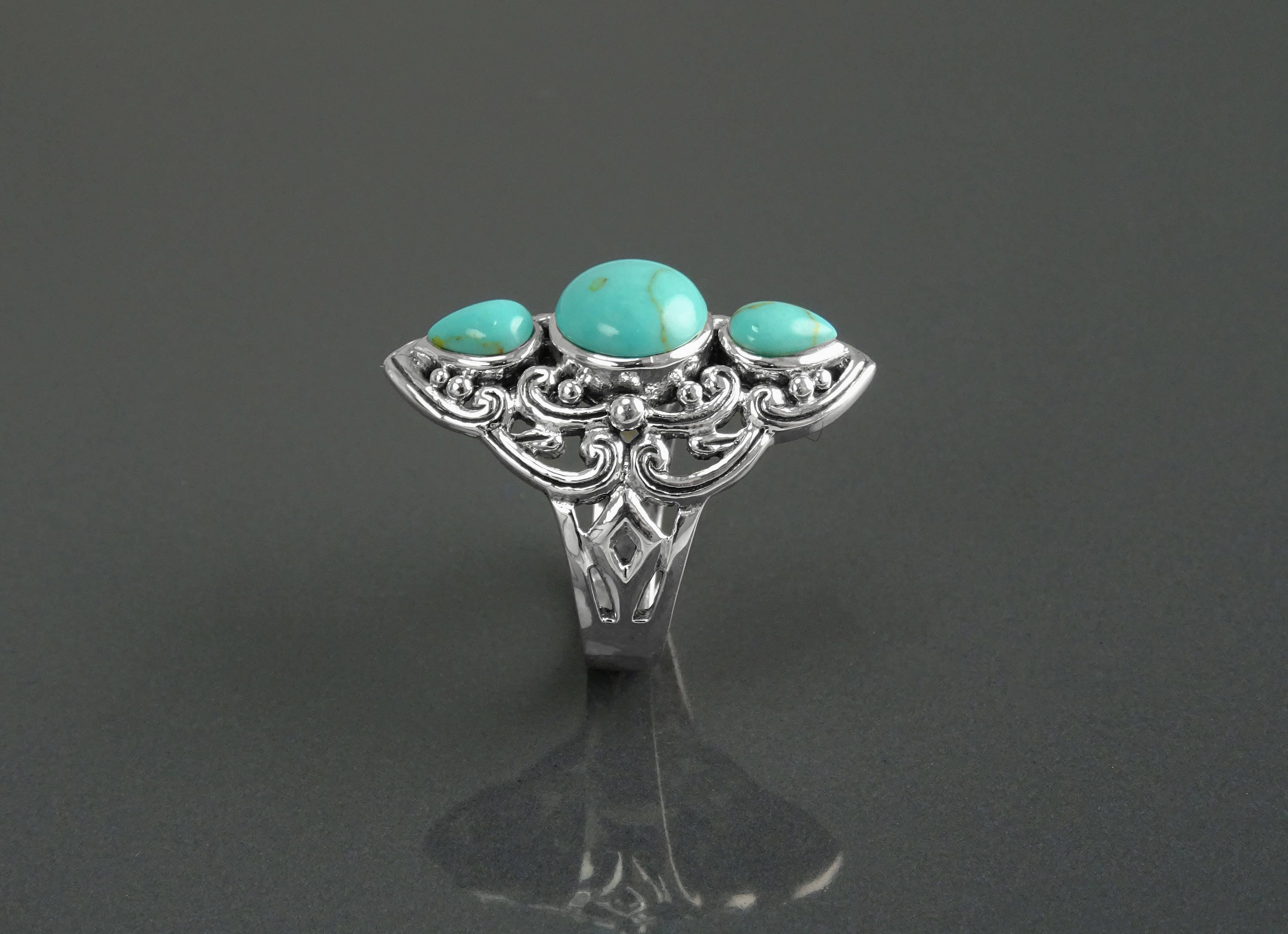 Sterling Silver Triple Turquoise Stone Ring, Ethnic Boho Chic Statement Jewelry