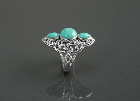 Sterling Silver Triple Turquoise Stone Ring, Ethnic Boho Chic Statement Jewelry