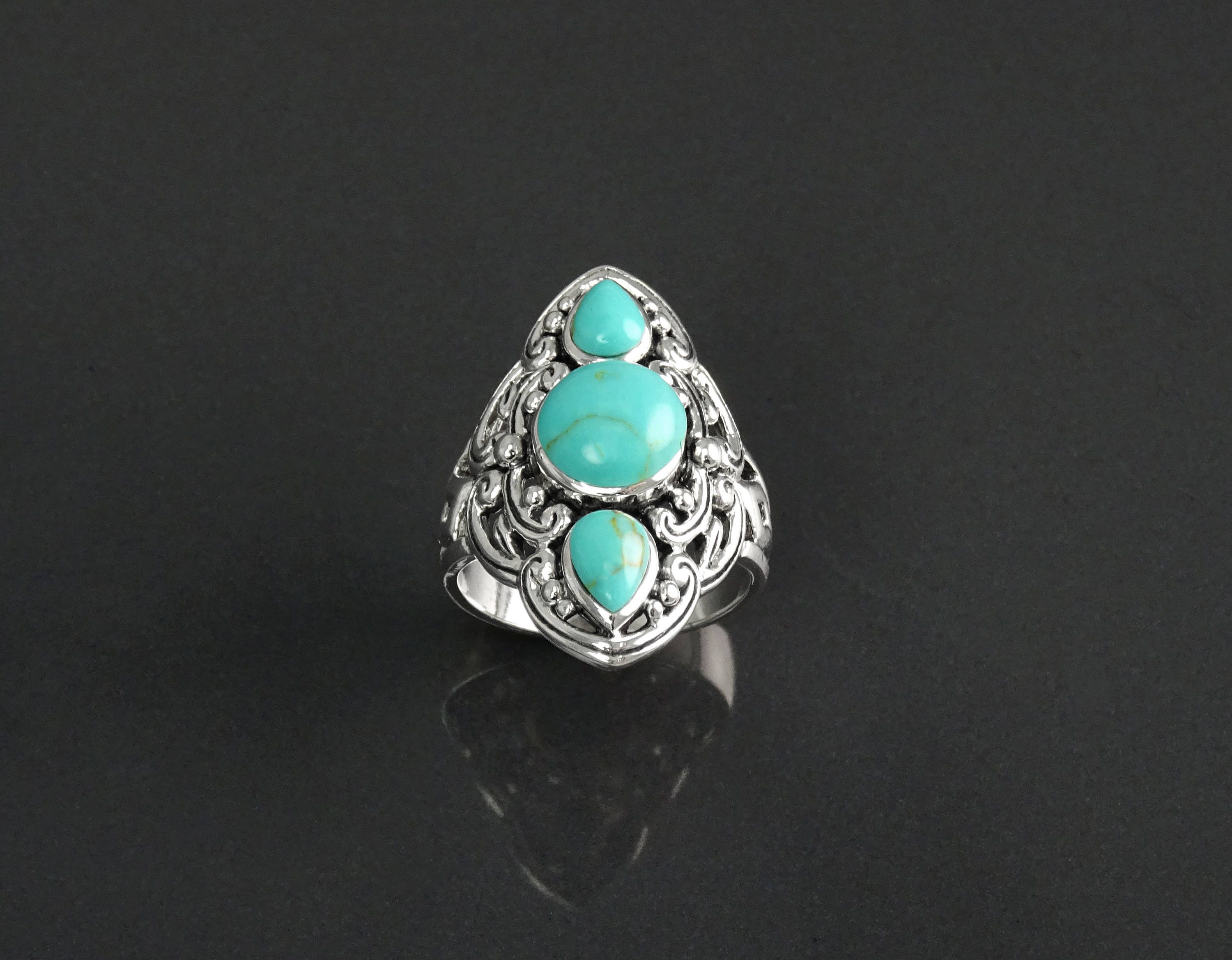 Sterling Silver Triple Turquoise Stone Ring, Ethnic Boho Chic Statement Jewelry