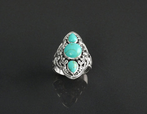 Sterling Silver Triple Turquoise Stone Ring, Ethnic Boho Chic Statement Jewelry