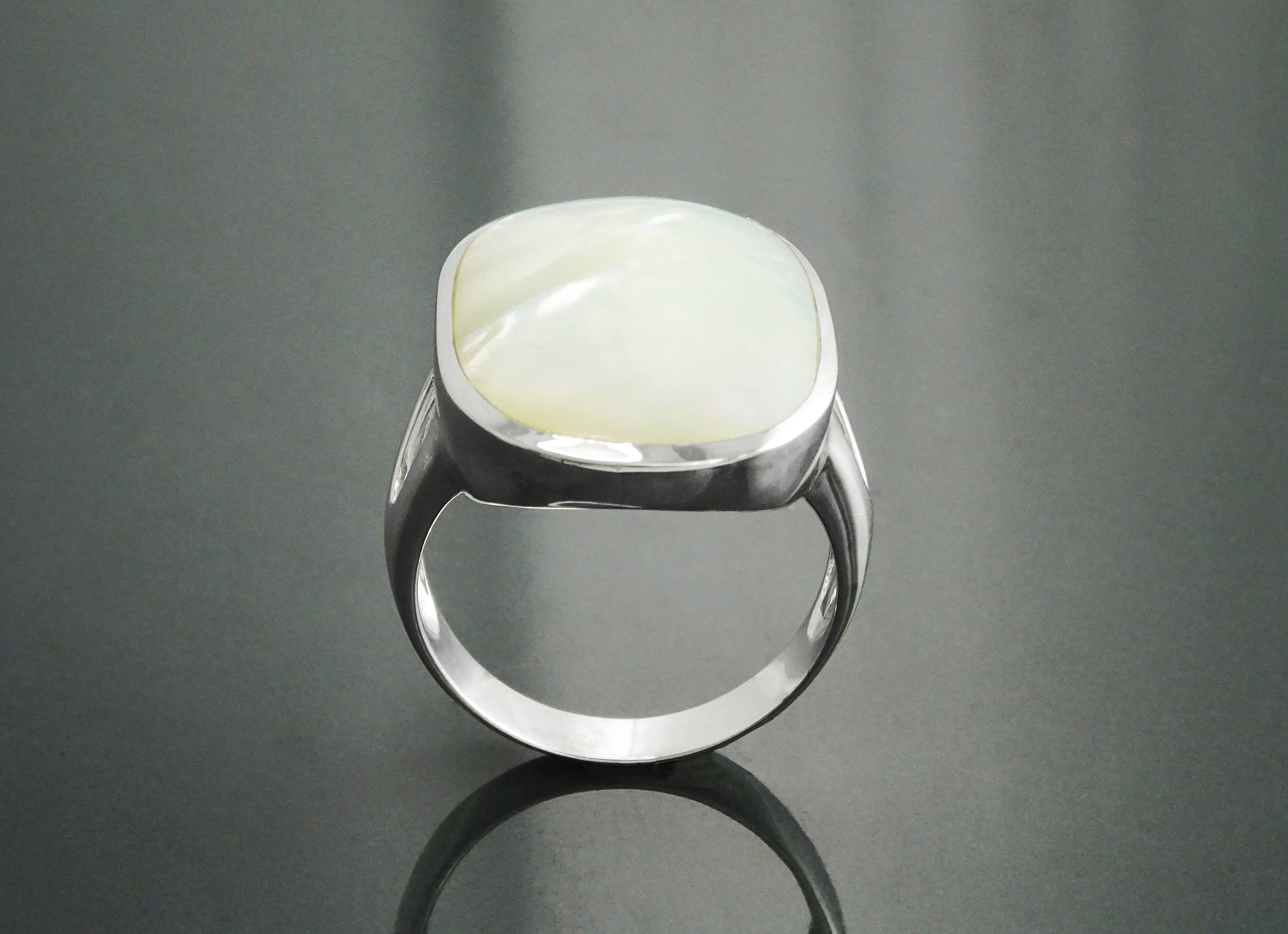 Oval White Ring, Sterling Silver, GENUINE Mother of Pearl Shell, Flat Oval Stone, Statement Modern Rectangle Ring, Original Design Jewelry