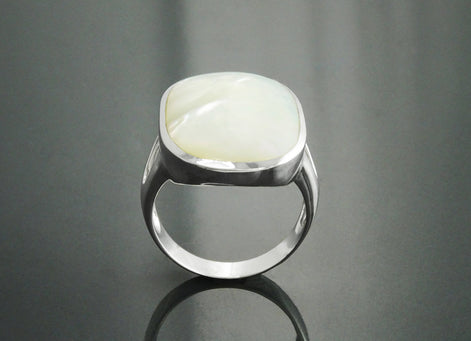 Oval White Ring, Sterling Silver, GENUINE Mother of Pearl Shell, Flat Oval Stone, Statement Modern Rectangle Ring, Original Design Jewelry