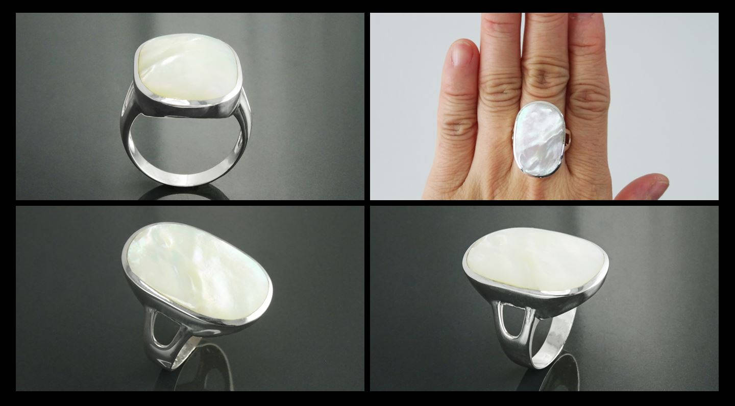 Oval White Ring, Sterling Silver, GENUINE Mother of Pearl Shell, Flat Oval Stone, Statement Modern Rectangle Ring, Original Design Jewelry