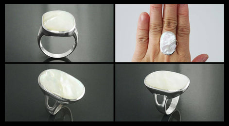 Oval White Ring, Sterling Silver, GENUINE Mother of Pearl Shell, Flat Oval Stone, Statement Modern Rectangle Ring, Original Design Jewelry