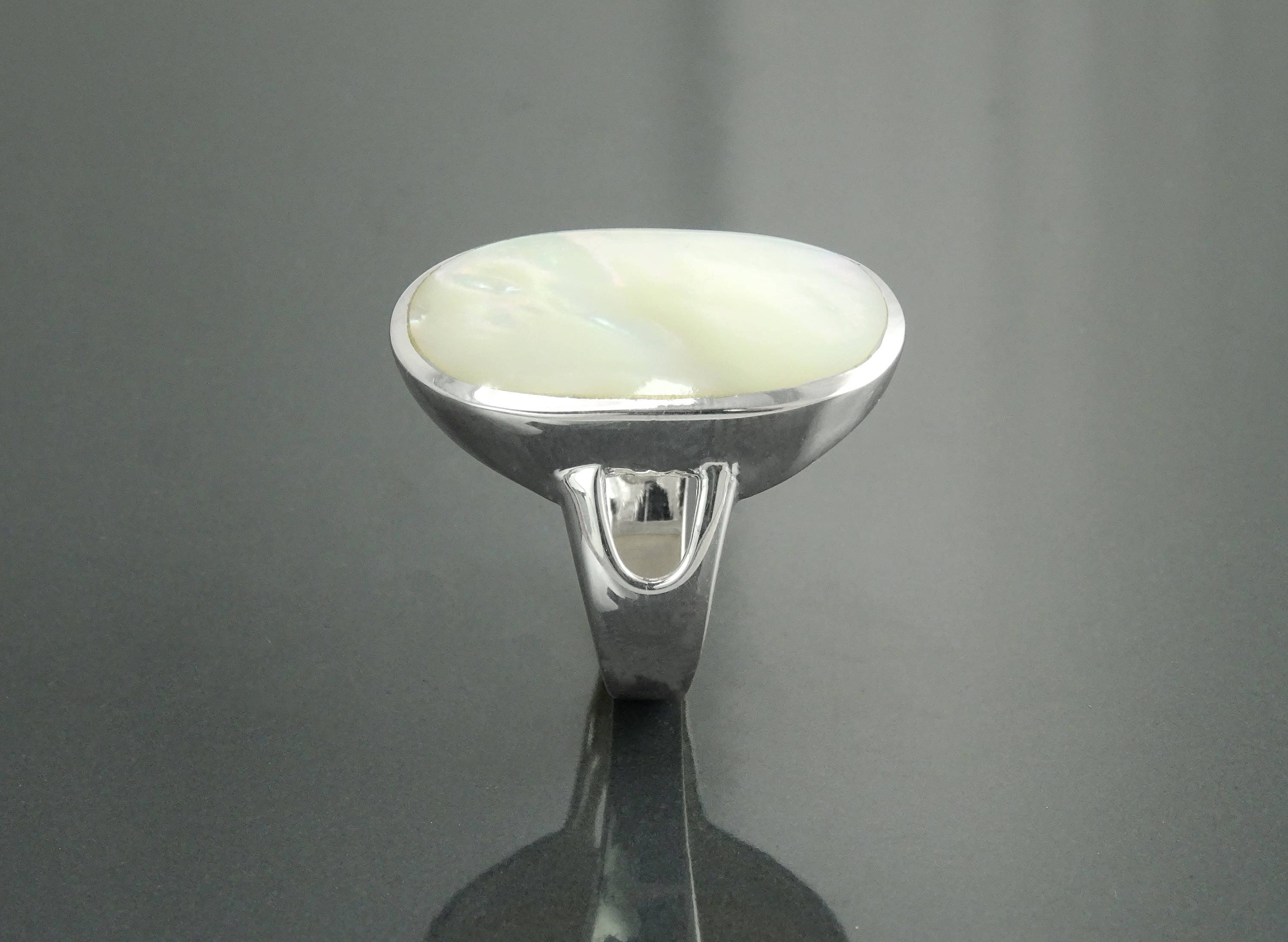 Oval White Ring, Sterling Silver, GENUINE Mother of Pearl Shell, Flat Oval Stone, Statement Modern Rectangle Ring, Original Design Jewelry