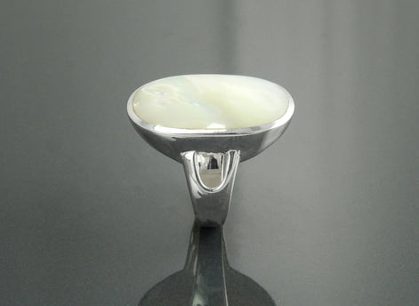 Oval White Ring, Sterling Silver, GENUINE Mother of Pearl Shell, Flat Oval Stone, Statement Modern Rectangle Ring, Original Design Jewelry