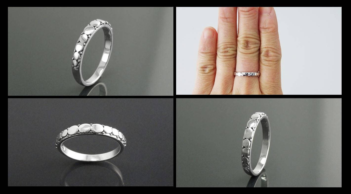 Sterling Silver Beaded Band Ring, Boho Stackable Band