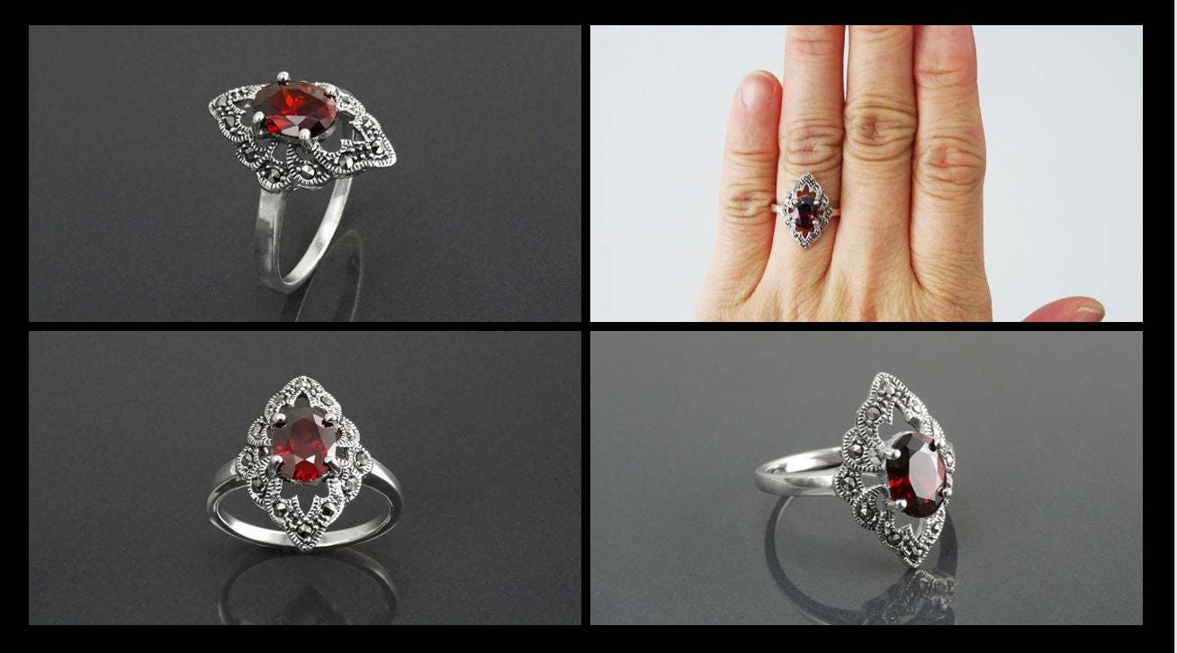 Garnet Marcasite Ring, Sterling Silver, Vintage Marquise Ring, Lab Red Garnet Simulant, Retro Red Stone Rings, Women's Gifts