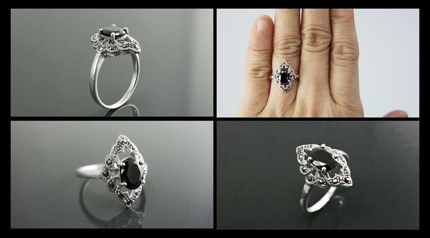 Black Marcasite Ring, Sterling Silver, Vintage Marquise Ring, Lab Black Diamond Simulant (Cz), Retro Stone Jewelry, Antique Women's Gifts