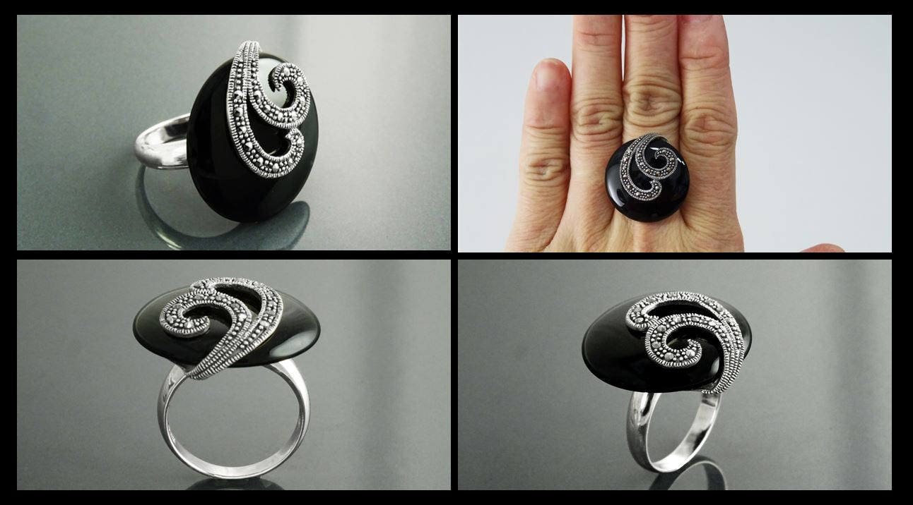 Art Deco Black Onyx Ring, Sterling Silver, Marcasite Stones, Roaring Twenties Inspired Jewelry
