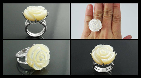 Rose Flower Ring, Sterling Silver, Hand Engraved stone, Mother of Pearl, Hand cut Rose Ring, Unique Floral Ring, Romantic Flower Ring, MOP