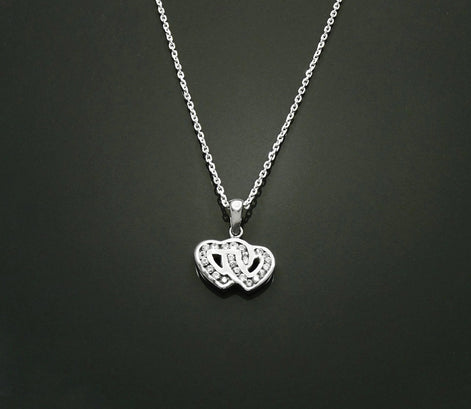 Forever Double Hearts Pave Diamond Necklace by KRAMIKE • Love Two Hearts Necklace for Girlfriend • Gift for Wife • Sterling Silver • KP004