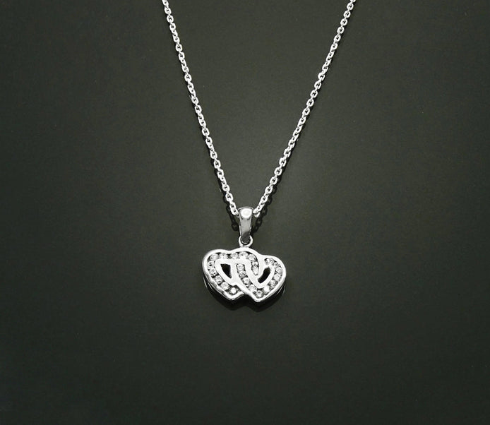 Forever Double Hearts Pave Diamond Necklace by KRAMIKE • Love Two Hearts Necklace for Girlfriend • Gift for Wife • Sterling Silver • KP004