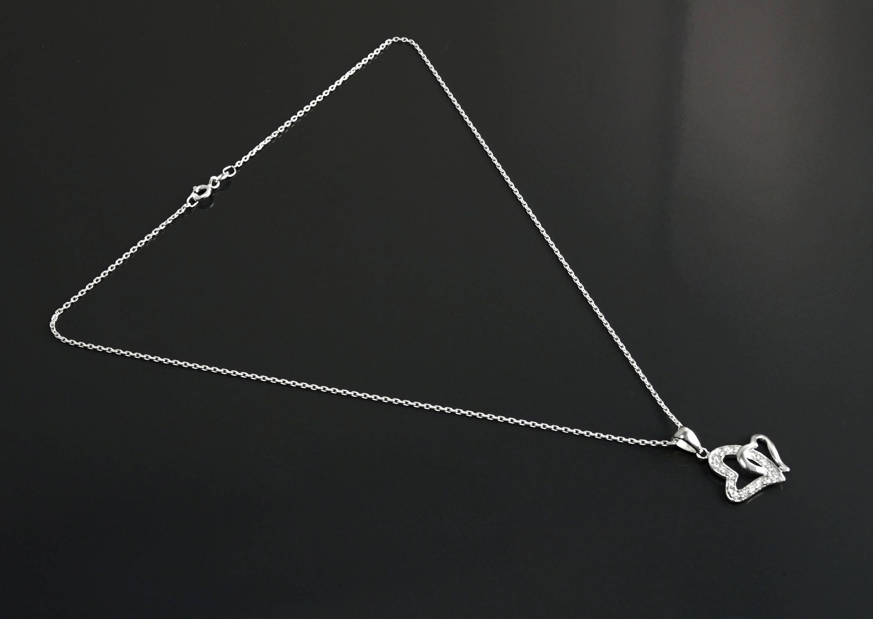 Sterling Silver Double Heart Necklace, Paved Clear CZ Stones, Promise Charm