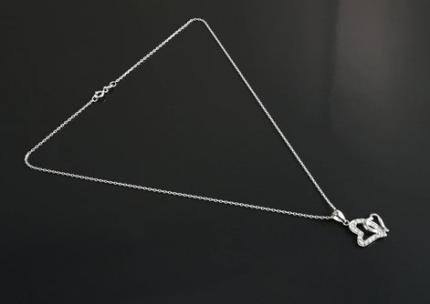 Sterling Silver Double Heart Necklace, Paved Clear CZ Stones, Promise Charm