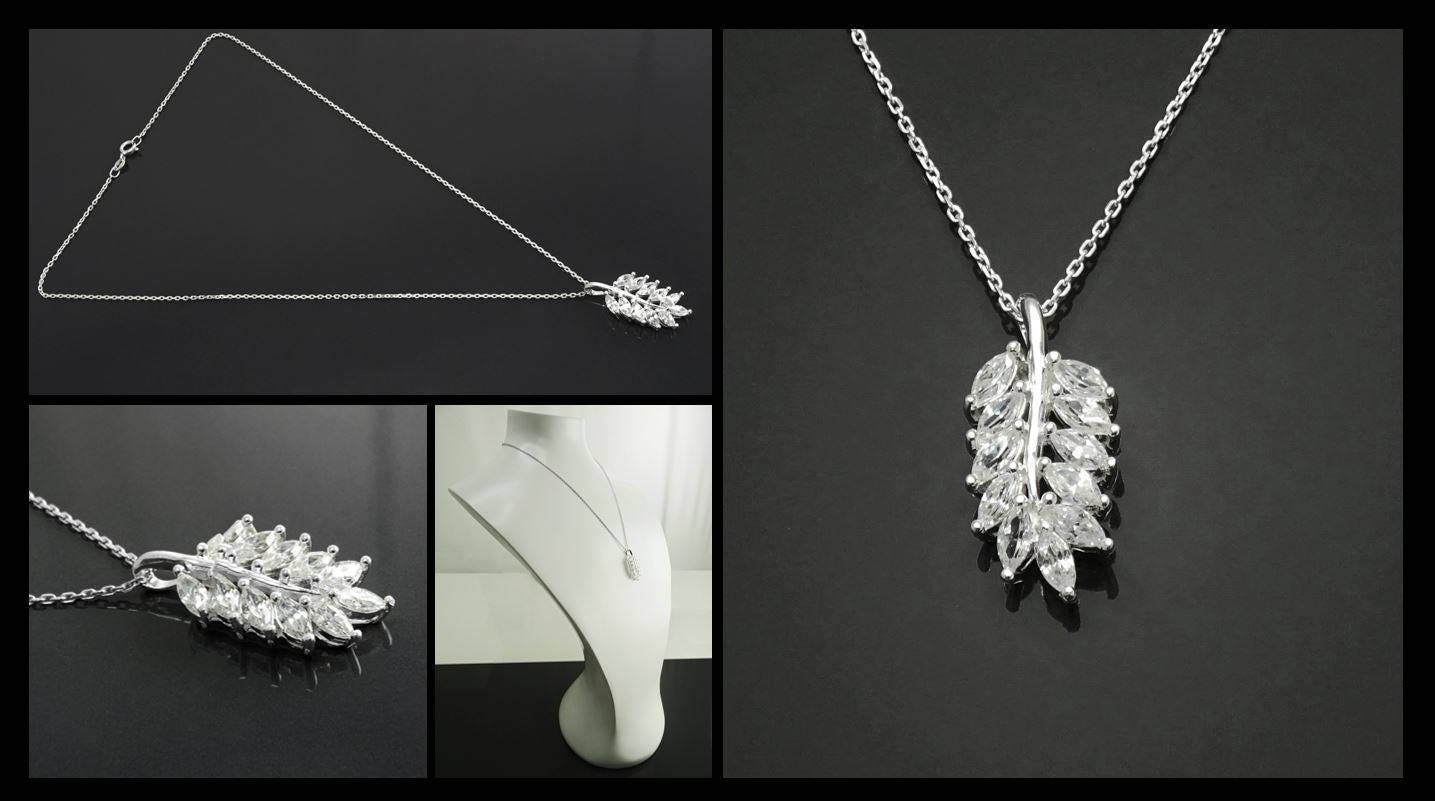 Laurel Necklace, Sterling Silver, White Clear Stone (Cz), Leaf Branch Charm, Unique Jewelry Gifts for Her, Women Leaves Pendant with stones