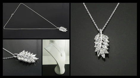 Laurel Necklace, Sterling Silver, White Clear Stone (Cz), Leaf Branch Charm, Unique Jewelry Gifts for Her, Women Leaves Pendant with stones