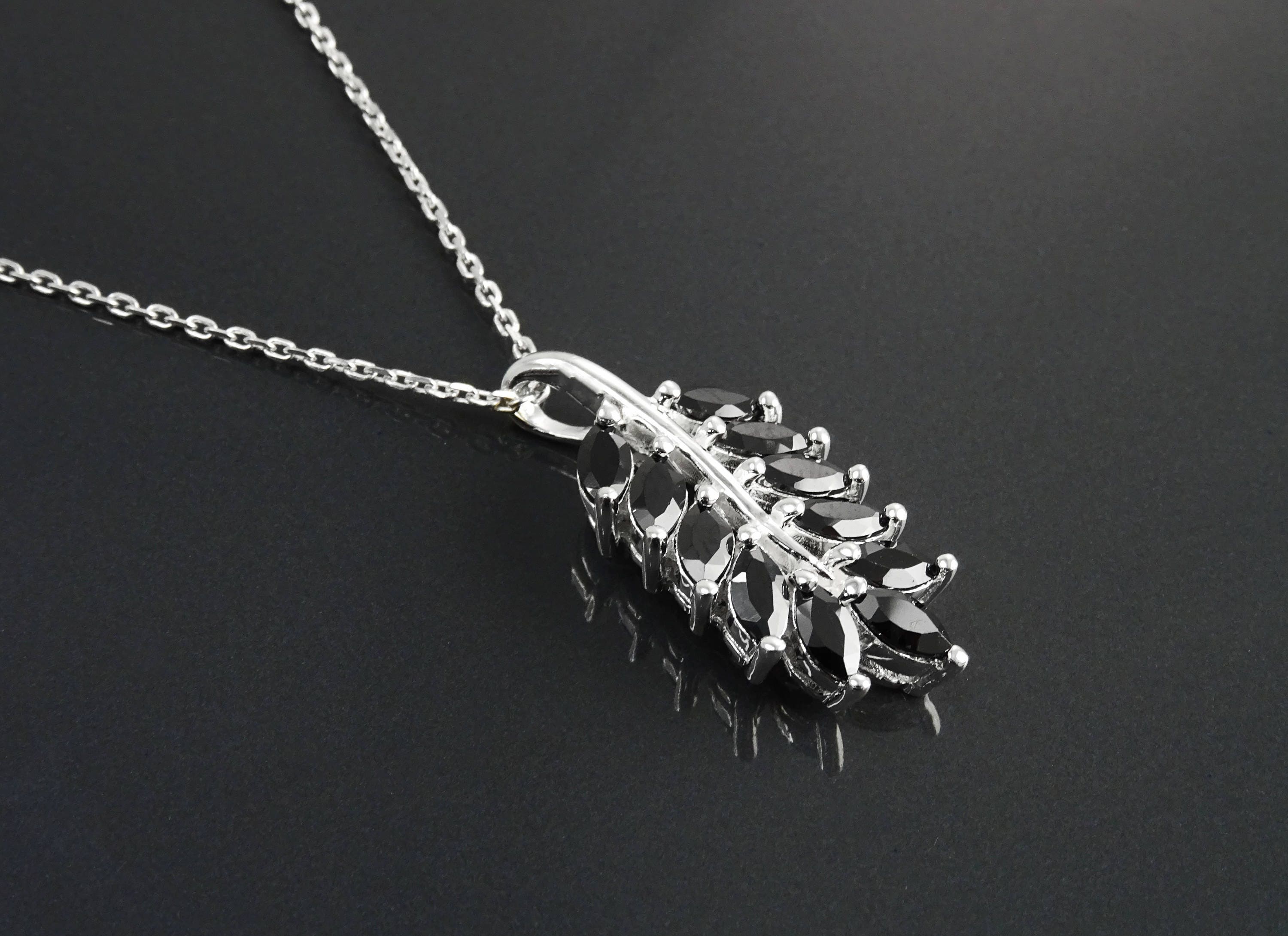 Sterling Silver Laurel Leaves Pendant, Black Lab CZ Stones, Retro Olive Branch Charm