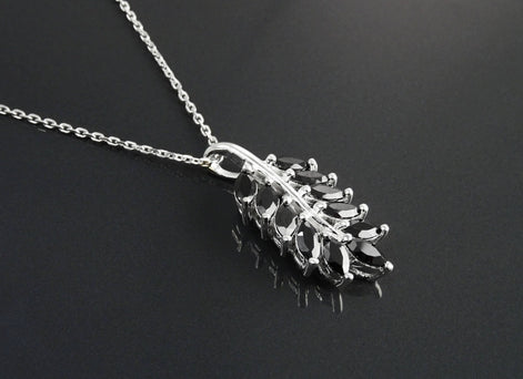 Sterling Silver Laurel Leaves Pendant, Black Lab CZ Stones, Retro Olive Branch Charm