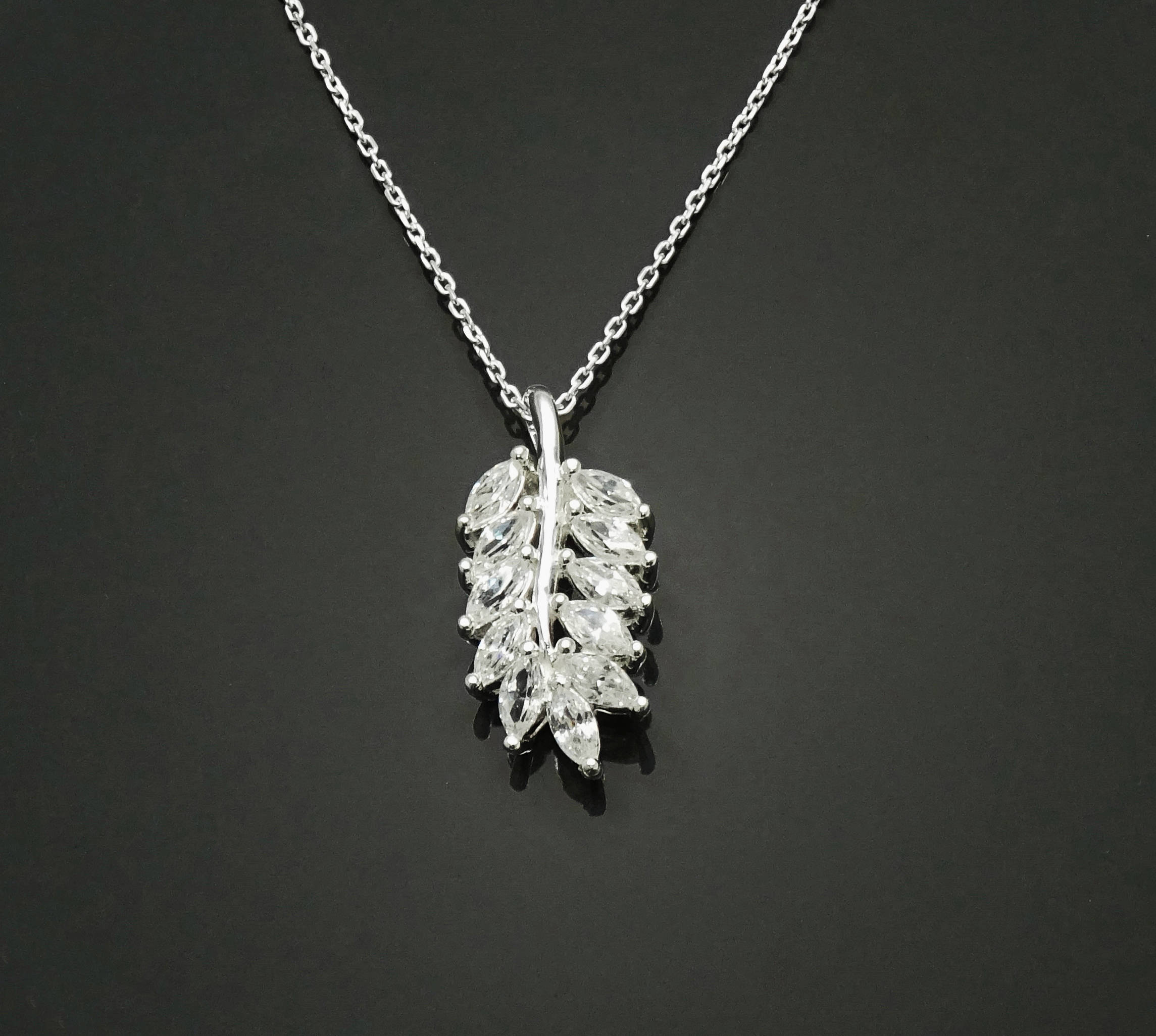 Laurel Necklace, Sterling Silver, White Clear Stone (Cz), Leaf Branch Charm, Unique Jewelry Gifts for Her, Women Leaves Pendant with stones