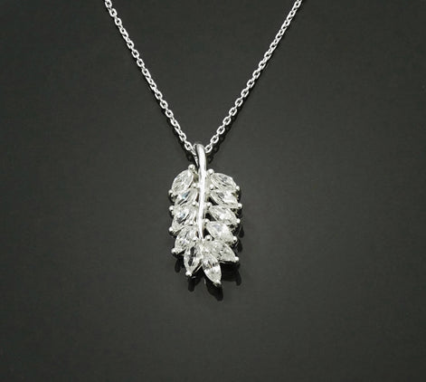 Laurel Necklace, Sterling Silver, White Clear Stone (Cz), Leaf Branch Charm, Unique Jewelry Gifts for Her, Women Leaves Pendant with stones
