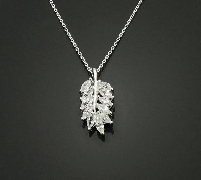 Laurel Necklace, Sterling Silver, White Clear Stone (Cz), Leaf Branch Charm, Unique Jewelry Gifts for Her, Women Leaves Pendant with stones