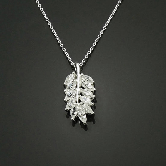 Laurel Necklace, Sterling Silver, White Clear Stone (Cz), Leaf Branch Charm, Unique Jewelry Gifts for Her, Women Leaves Pendant with stones