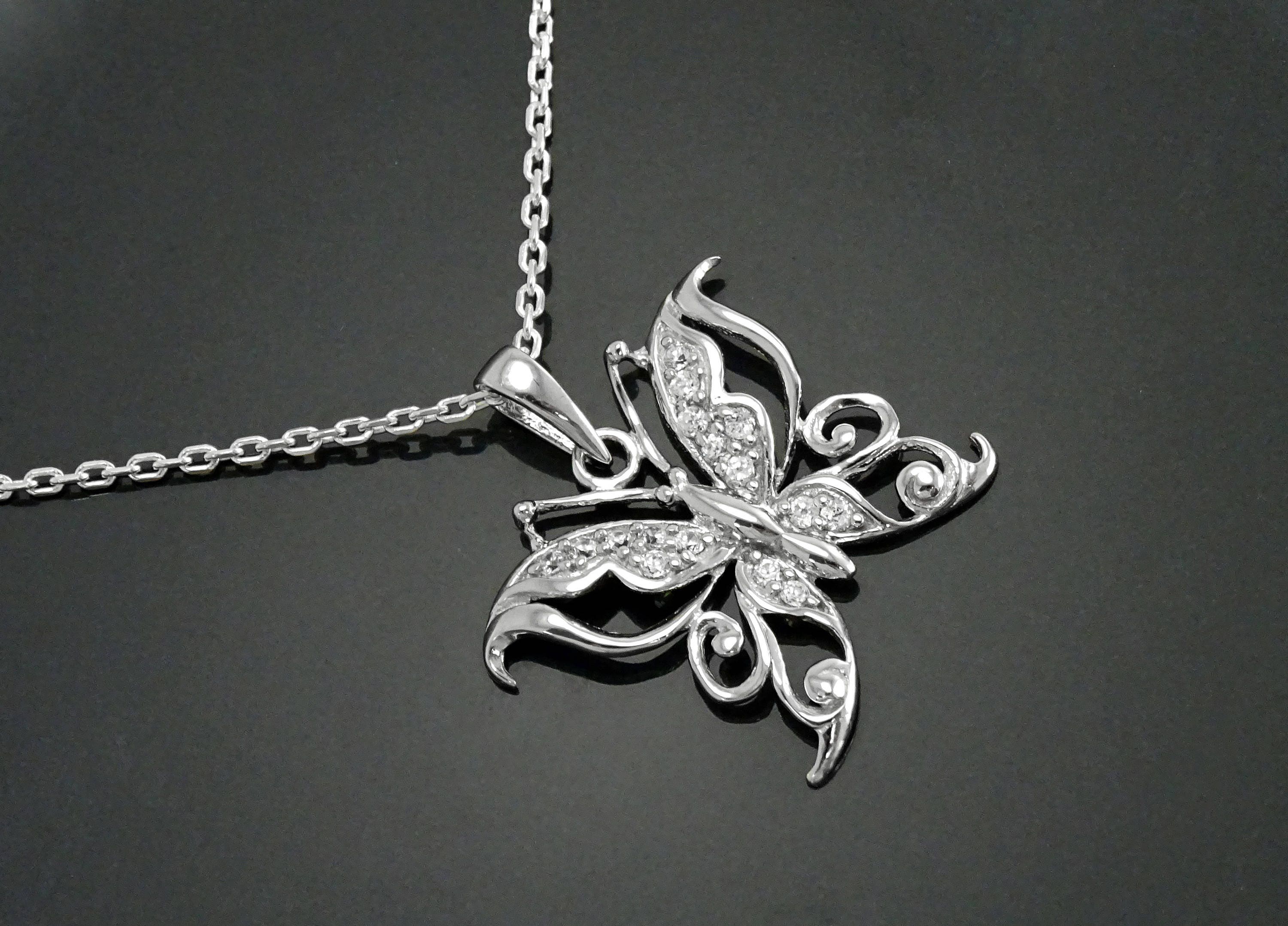 Diamond Butterfly Necklace • Sterling Silver Openwork Butterfly Pendant • Elegant Sparkling Nature Jewelry