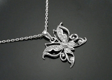 Diamond Butterfly Necklace • Sterling Silver Openwork Butterfly Pendant • Elegant Sparkling Nature Jewelry