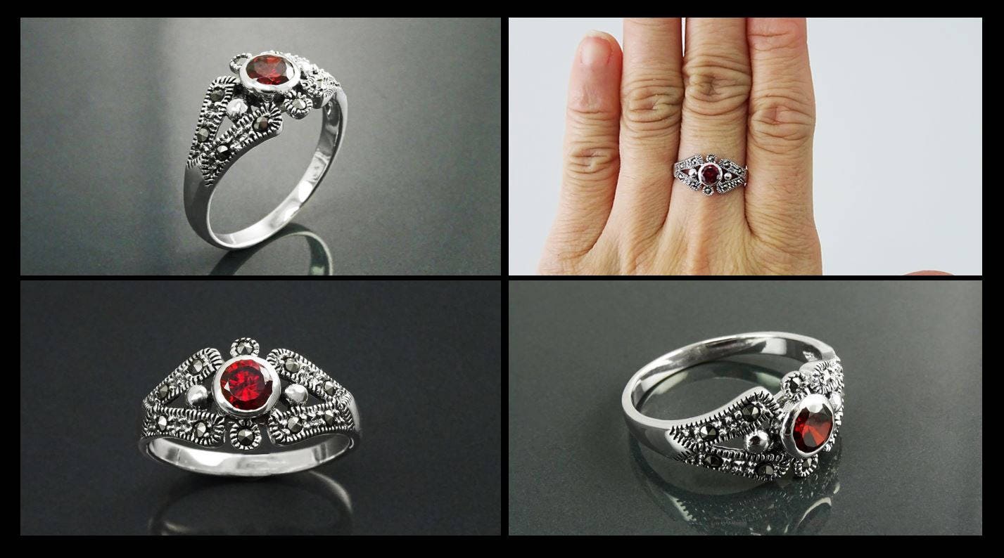 Art Deco Sterling Silver Garnet Marcasite Ring, Vintage Reissue Jewelry
