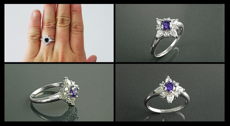 925 Purple Sterling Silver Ring, North Star Amethyst Color Stone (CZ), White Clear (CZ) Stones, Modern Jewelry