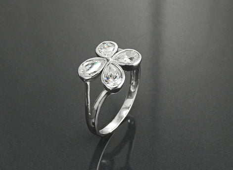 Sterling Silver Four-Leaf Clover Ring • Oval Sones CZ • Modern Jewelry